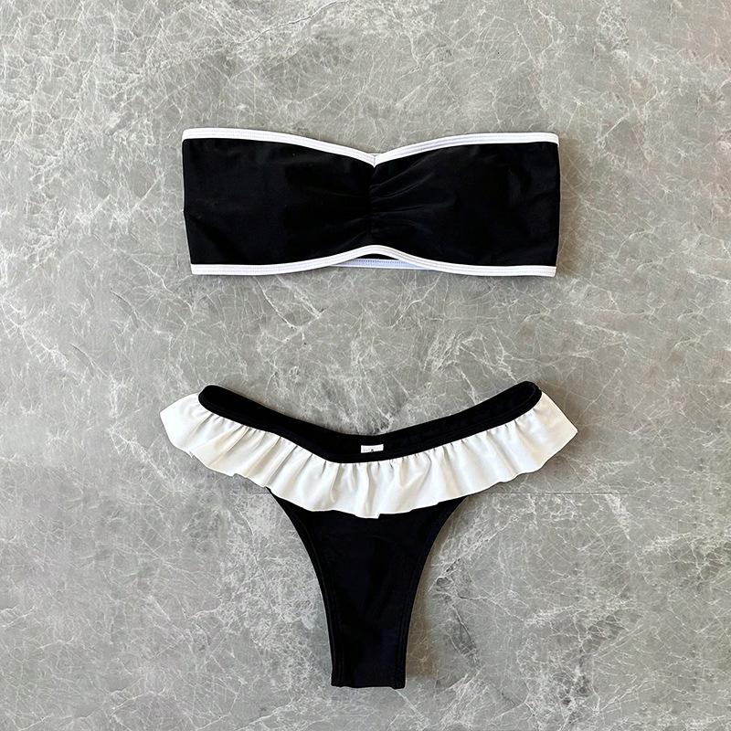 

2025 Европейский и американский купальник бикини с открытой спиной и оборками для женщин - Сексуальная пляжная одежда и одежда для горячих источников S чёрный