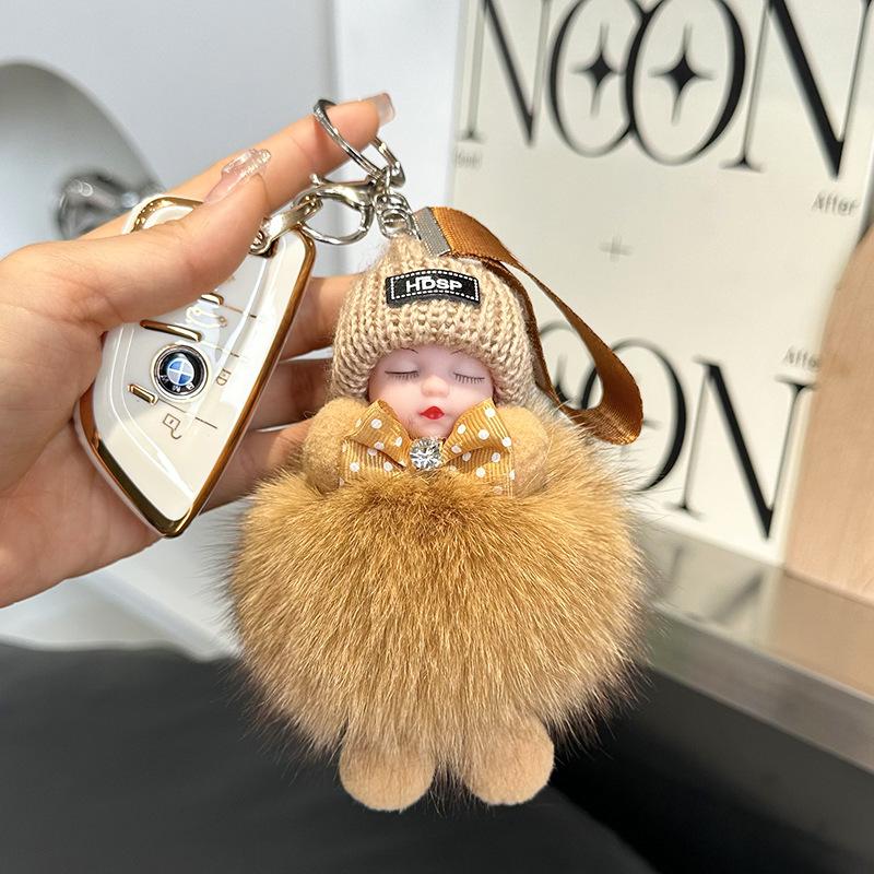 Pompom Sleeping Doll Keychain Cute Fluffy Plush Doll Keychains Women Girl Bags Keyrings Cars Key Ring Gift Charming Decoration