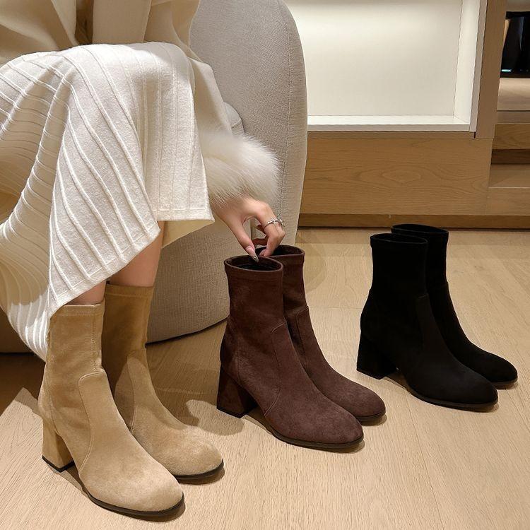 Korean girl~ Round head thick heel elastic suede thin boots commuting versatile high heel small ankle boots black short boots women