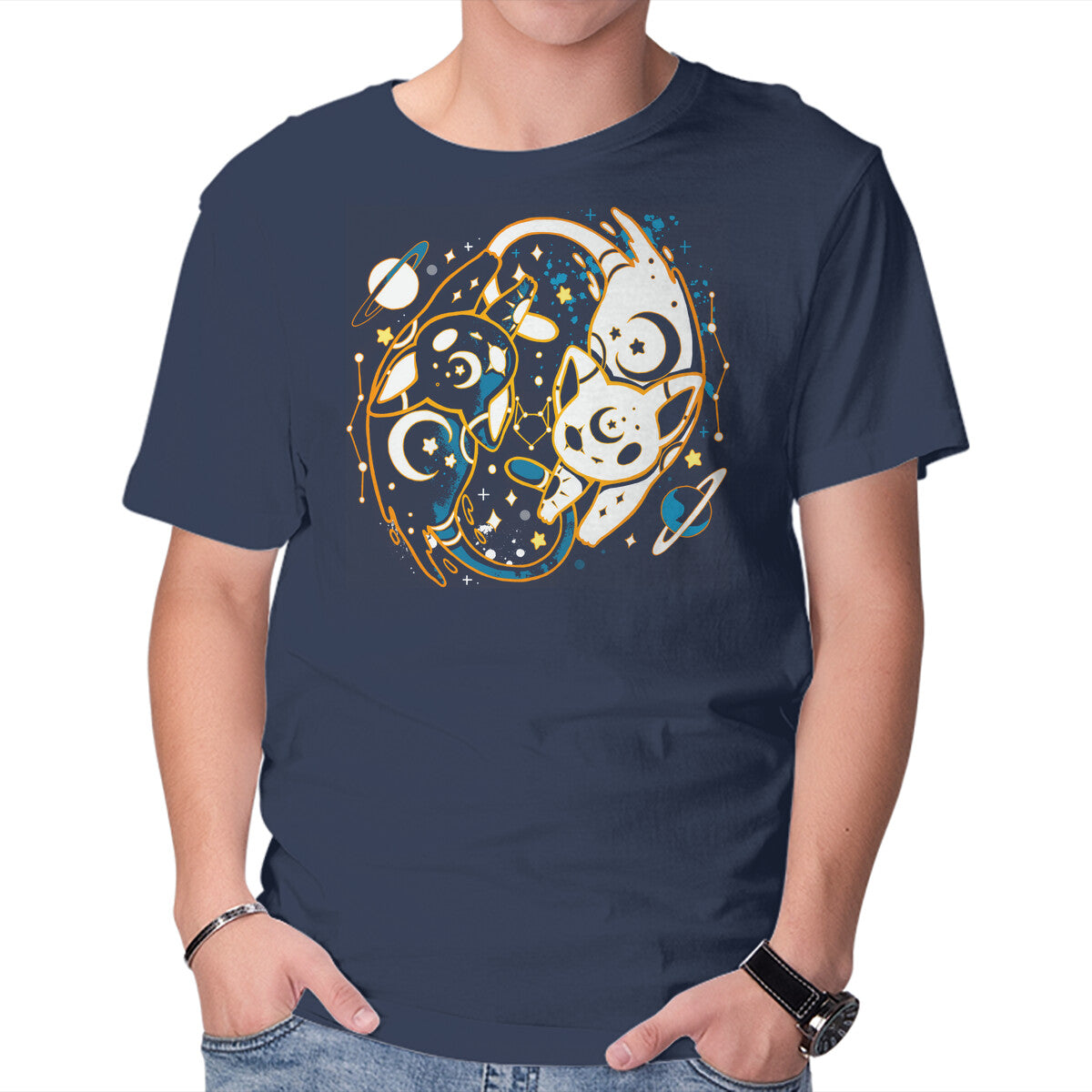 Unisex Crew Neck T-Shirt Kitten Moon Stars Graphic Short Sleeve Casual Tee M