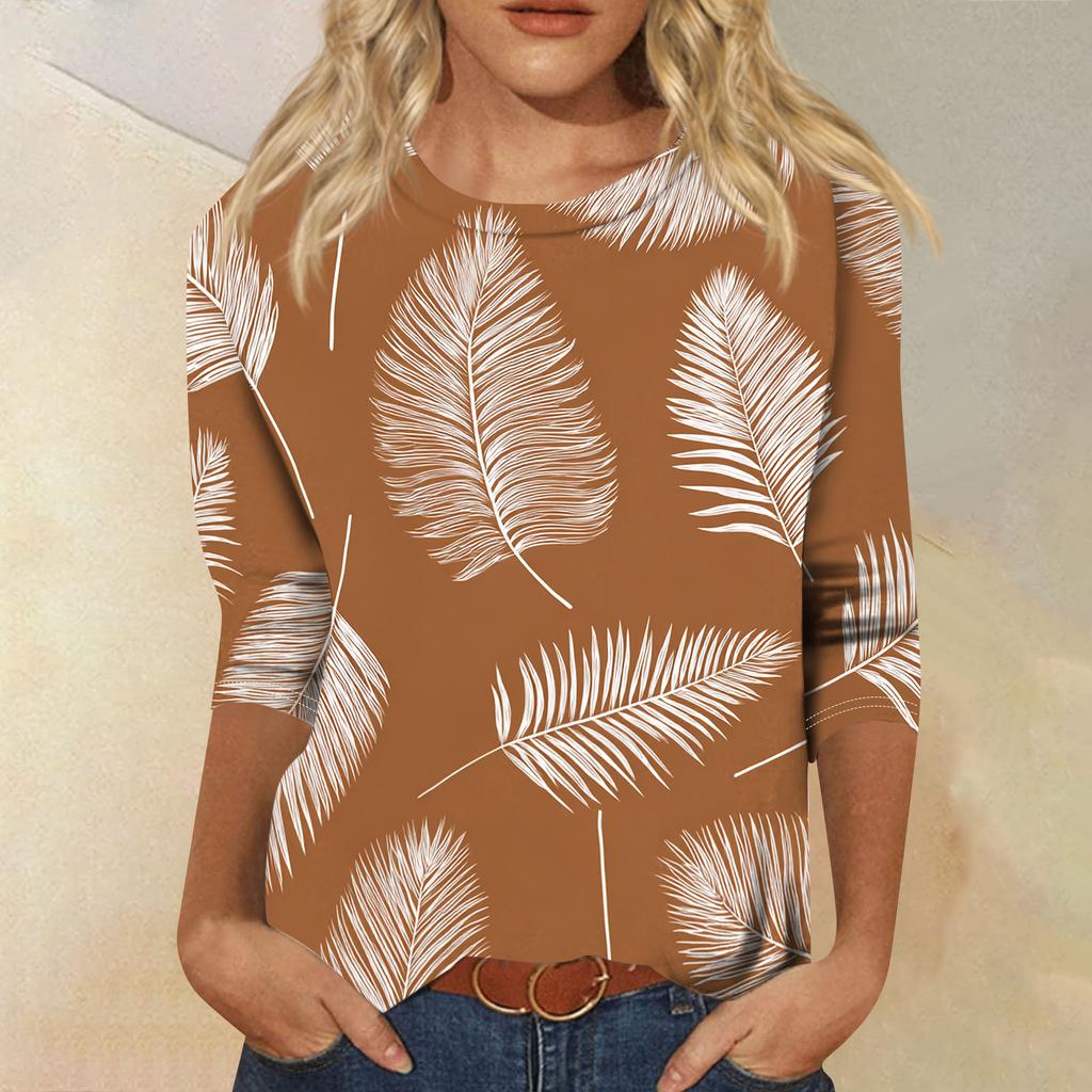 Women's Fashionable Casual Round Neck Three-quarter Sleeve Hawaiian Print T-shirt Top