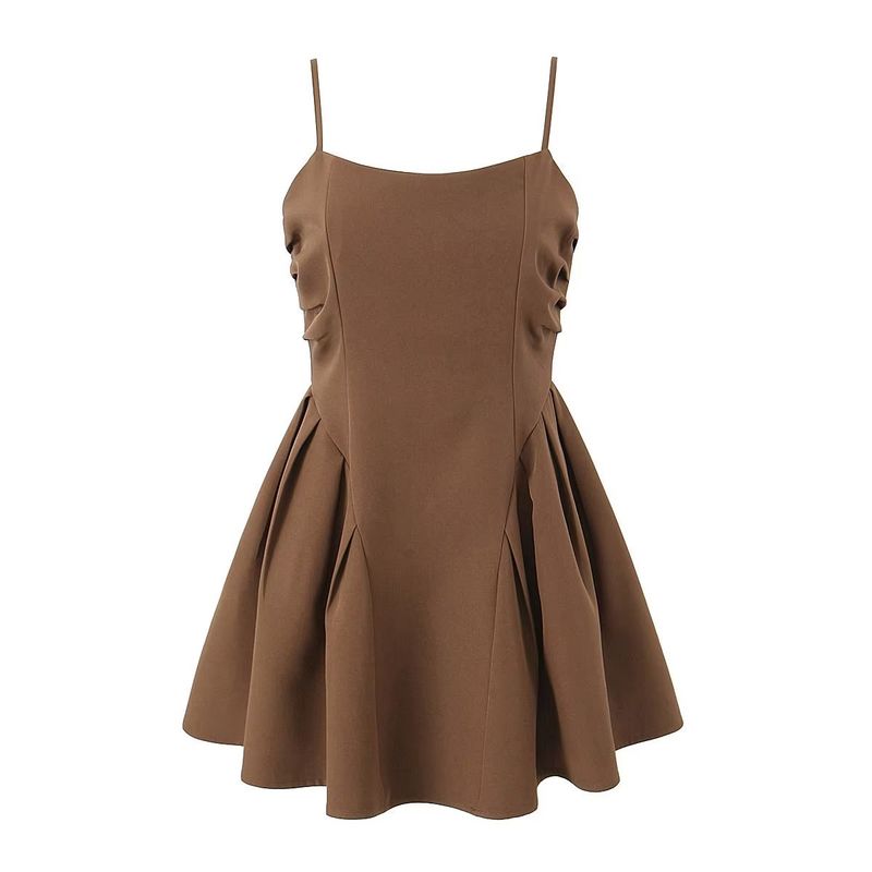 

Ruched Ballet Style Open Back Puffy French Black Dress Curry(High quality) L