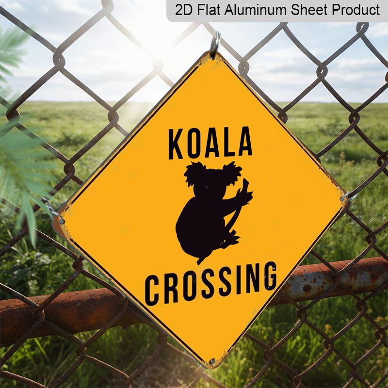 2D Flat 1pc, Vintage Koala Crossing Sign - Funny Warning Road Sign with Koala Crossing Xing Markings, Yellow Diamond Metal Caution Sign for