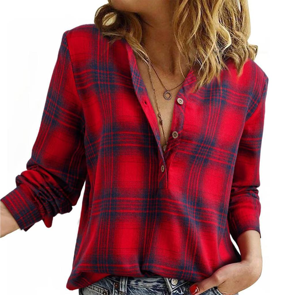 Dámská kostkovaná košile s výstřihem do V, Módní ležérní top na knoflíky