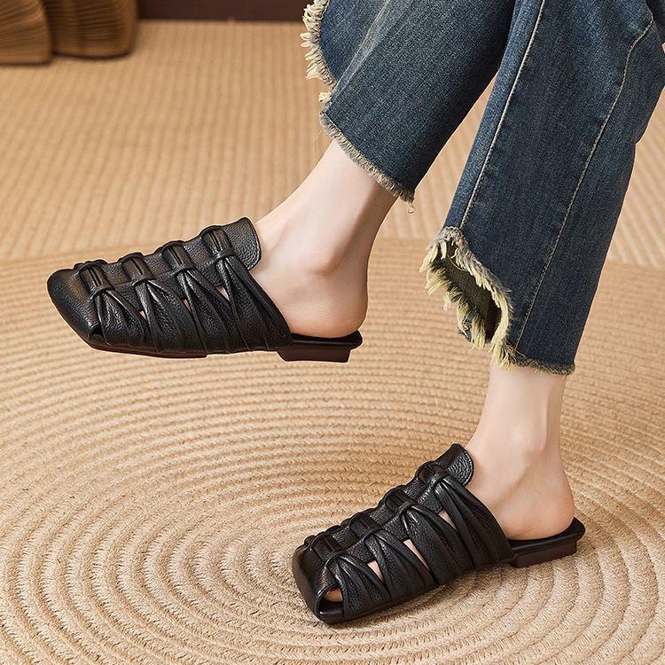 Brown Woven Bag Head Slippers Women's Summer 2025 New Soft Bottom Not Tired Feet Retro Square Head Casual Half Slippers
