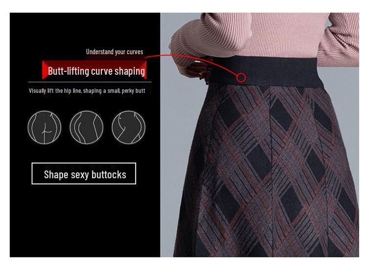 Plaid A-Line Knit Midi Skirt with Elastic Waist - 2025 Autumn Collection