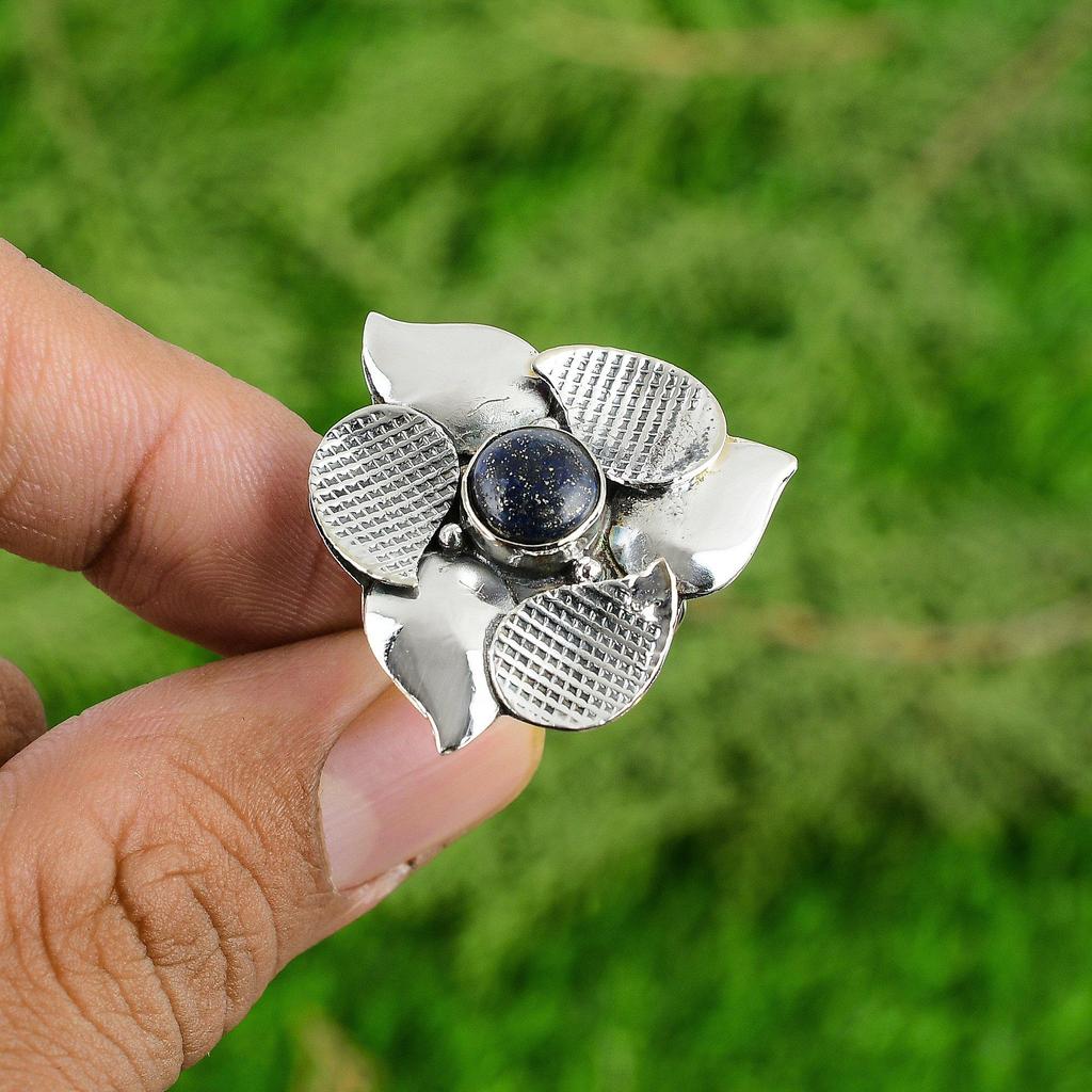 Lapis Lazuli Gemstone Flower Engagement Solitaire Ring Jewelry Sterling Silver