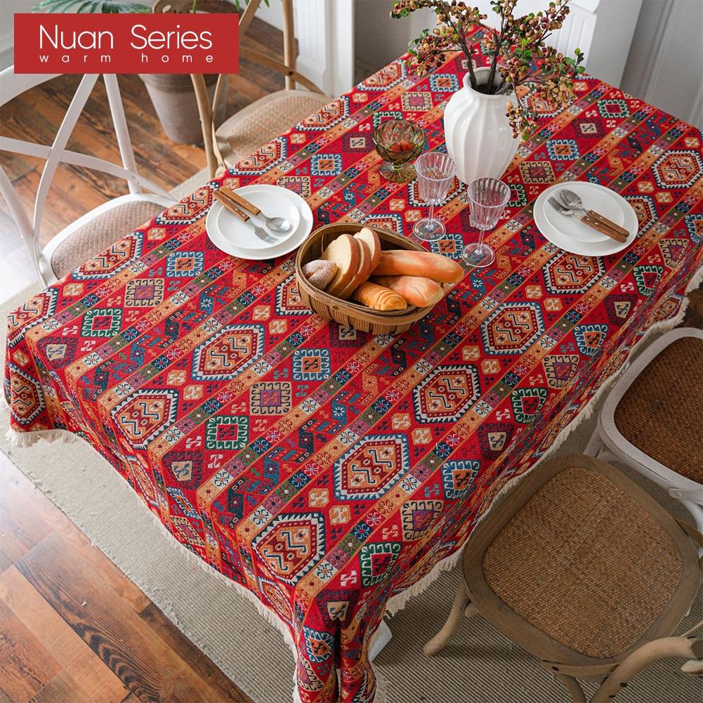 1PC Nuan Series Artistic Jacquard Romantic Style Polyester Tablecloth with Tassels for Dining Table Coffee Table Makeup Table Home Decor