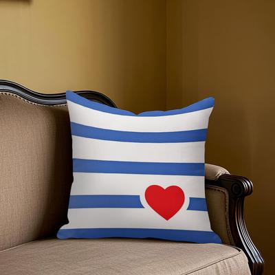 Red Heart Blue White Stripes Square Jacquard Pillow Cover for Sofa Office Waist Cushion Cover Home Decorative Pillowcase