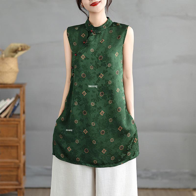 

3750 Retro Green Frog Button Sleeveless Blouse: 2025 New Chinese Style XXL зелёный
