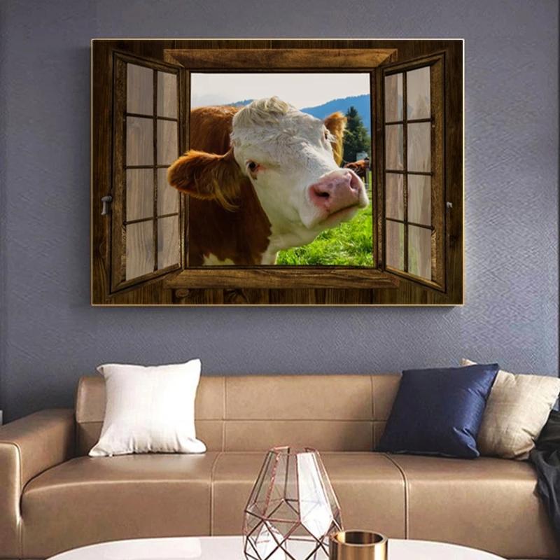 Cows By The Window Poster Farmhouse Cow Wall Art Canvas Pictures Print Living Room Kid Bedroom Home Decor Painting Gifts Cuadros