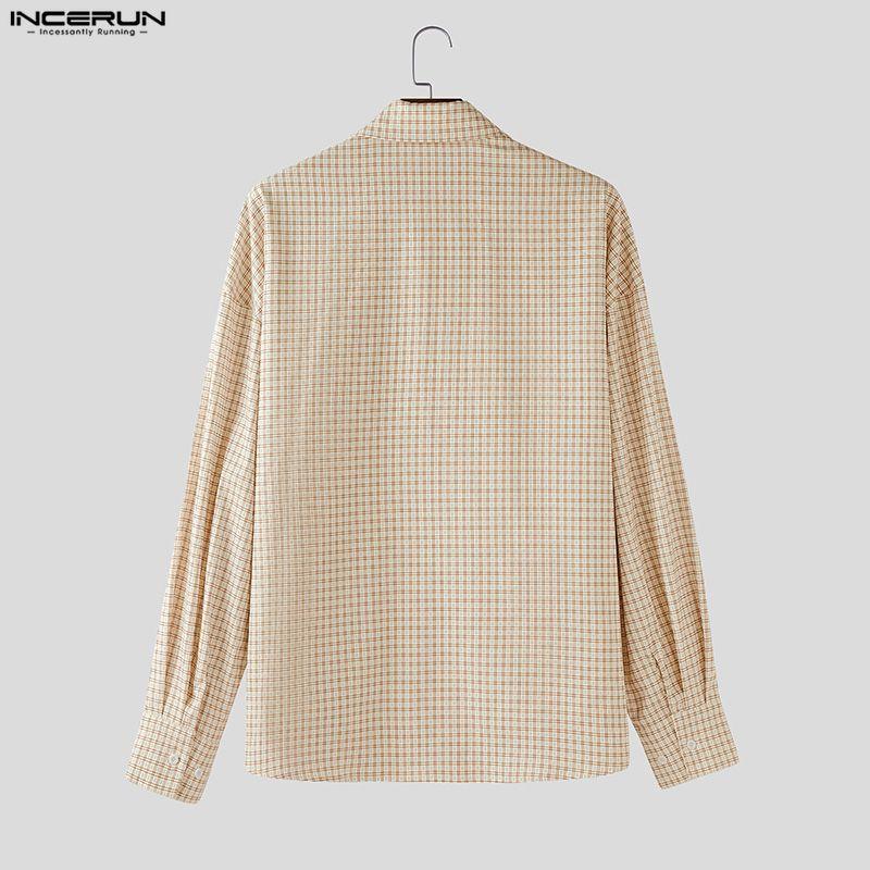 INCERUN Oversized Men Lapel Neck Long Sleeve Buttons Double Layers Casual Plaid Shirts