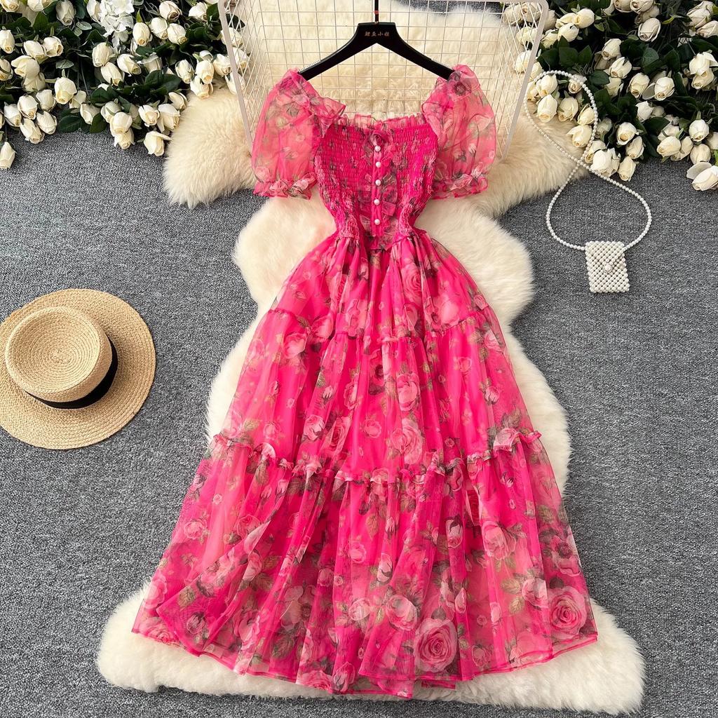 Theepauze Retro Franse Zachte Stijl Bloemen Chiffon Jurk voor Dames met Een Ingesnoerde Taille en Een Pofmouw met Eén Schouder Mesh Rok