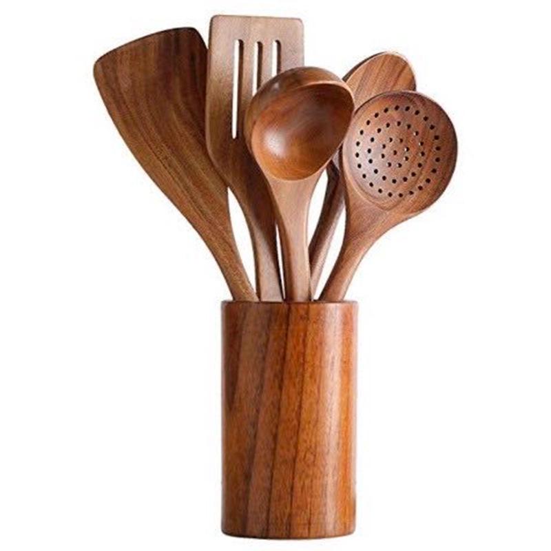 Teak 9-Piece Kitchen Set: Solid Wood Spatula, Spoon, Fork, Non-stick Pan, Acacia Wood Utensils, Long Handle Pot & Vegetable Spatula