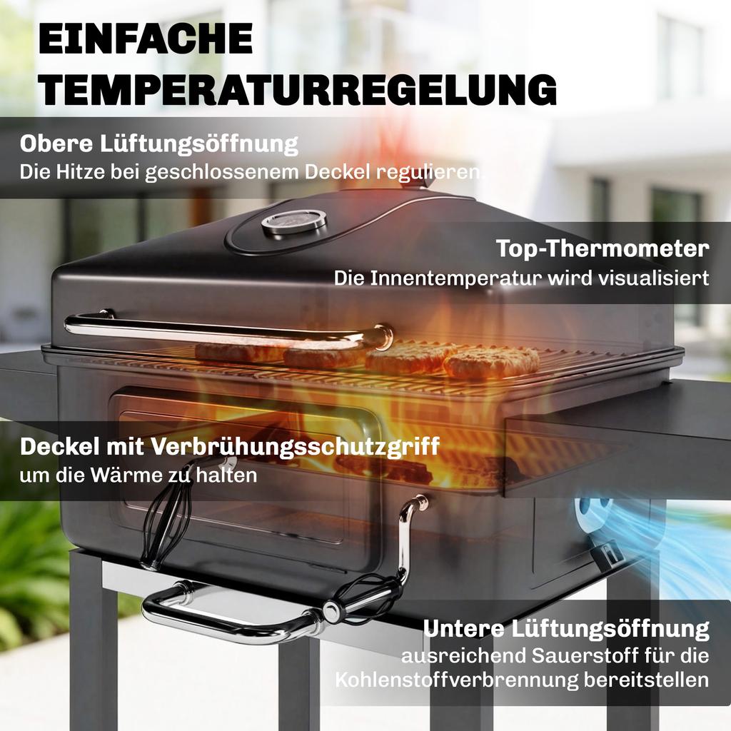 Holzkohlegrill BBQ Smoker mit Deckelthermometer Höhenverstellbare Kohleschale Grillrost Seitentisch Ascheschale