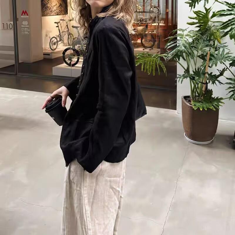 Spring Autumn Women Solid Long Sleeve Stand Collar Loose Shirt Vintage Single Breasted Cotton Linen Casual Blouse Tops
