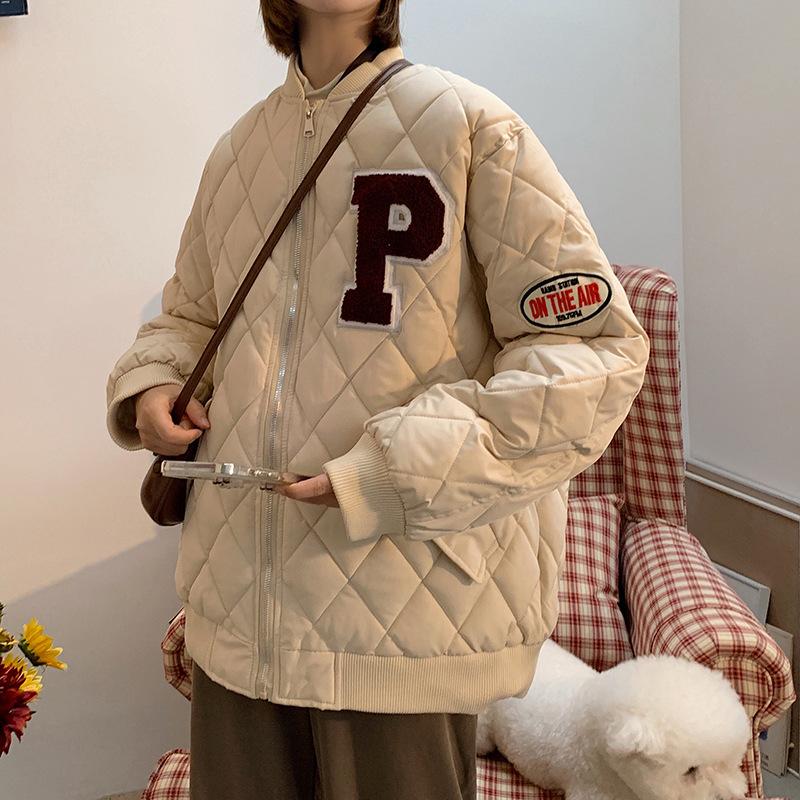 2025 New American Retro Down Padded Jacket Diamond Plaid Baseball Uniform Loose Jacket Women's Autumn and Winter Model