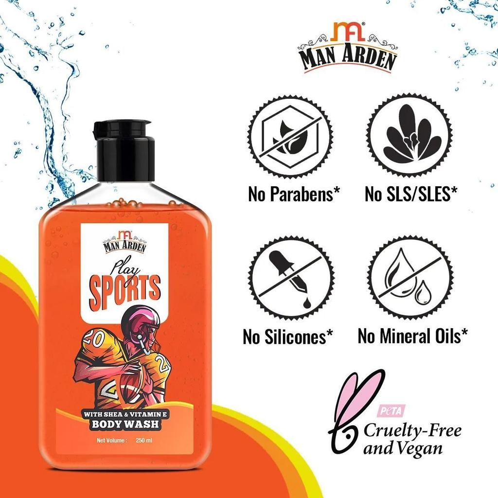 Shower Gel Sports with Shea Butter and Vitamin E (250 Ml), Play Sports Body Wash with Shea & Vitamin E, Man Arden