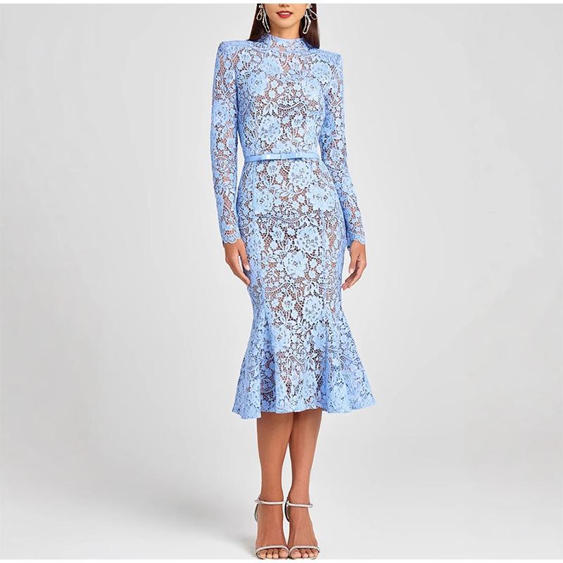 Ladies' Perspective Lace Hollow Belt Long Sleeve Fishtail Dress Solid Color Lace Decorative Elegance Ladies' Long Sleeve Dress Spring Autumn New Style