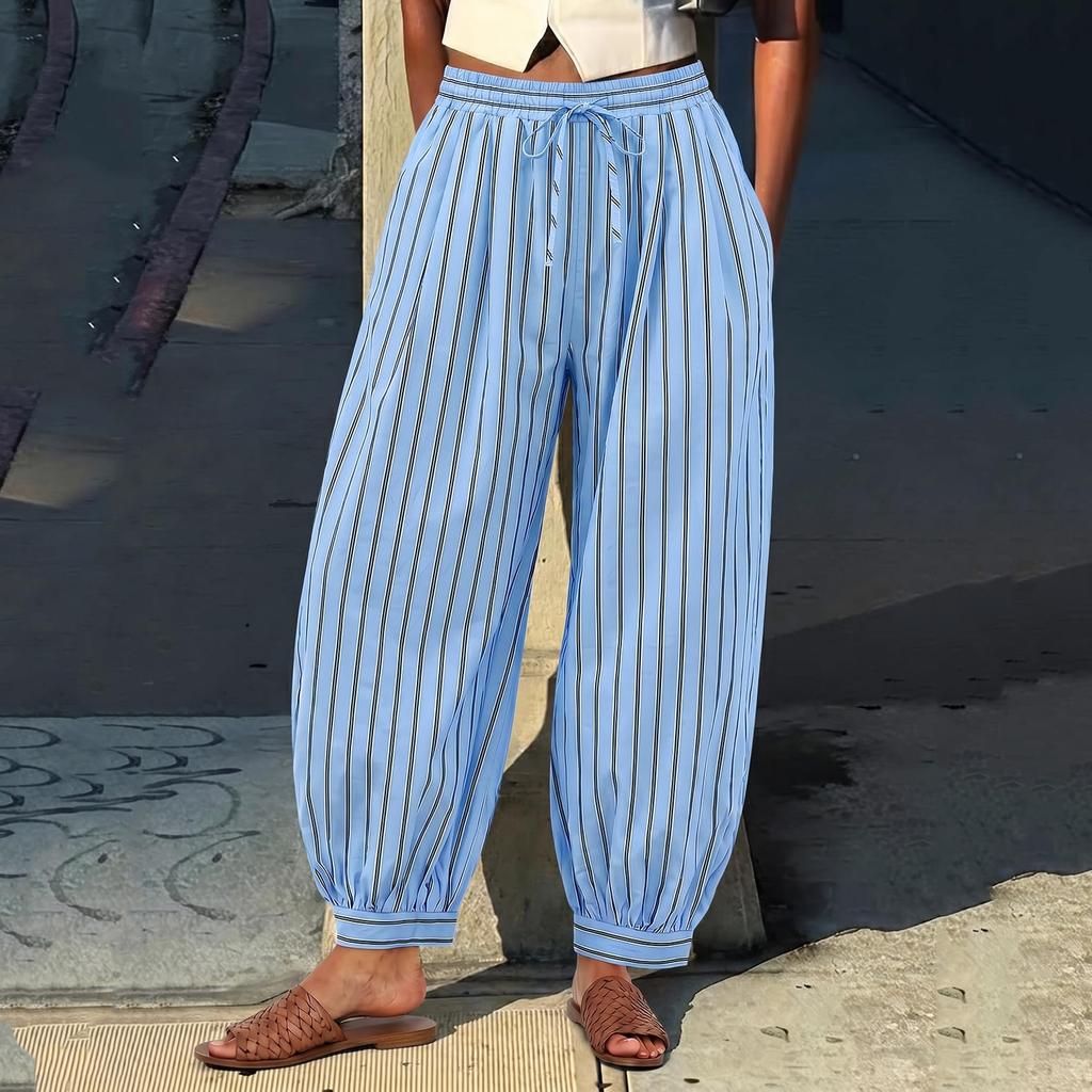 Women’s Loose Fit Casual Pants with Drawstring Waist Wide Leg Design Striped Print Lightweight Relaxed Style for Daily Wear