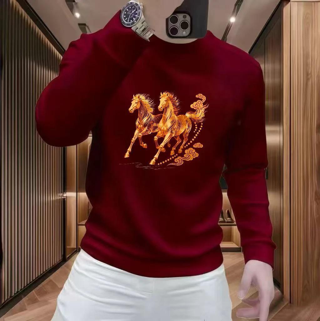Trendy Men s Slim Fit Stretchy Round Neck Hoodie - Versatile Year of the Horse Print for Autumn & Winter L