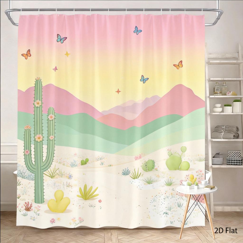 Cactus Shower Curtain 180x180cm – Desert Mountain Scene with Vibrant Flora, Southwestern Bathroom Decor, 12 Hooks