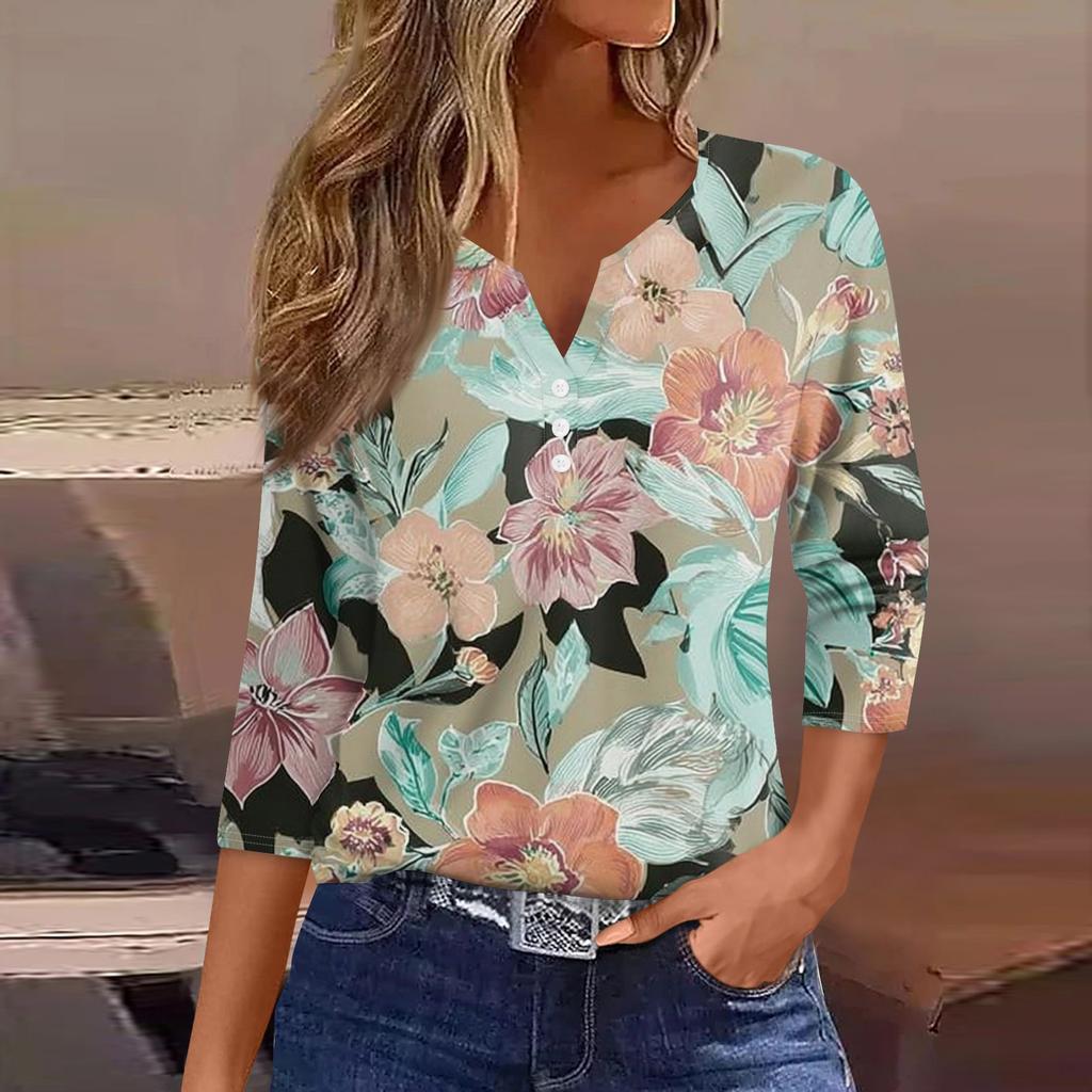 Women's Fashion Casual Floral Print V-Neck Decorative Button Three-quarter Sleeve T-Shirt Top
