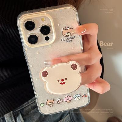 Apple 16 Cep Telefonu Kılıfı için Ayı Başlı Stand 13 IPhone17pro Max İçin Simli For15 Yumuşak ve Sevimli