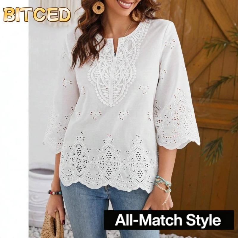 BITCED Damen Mode Lässig Einfarbiger Druck 3/4 Ärmel Blusen & Hemden