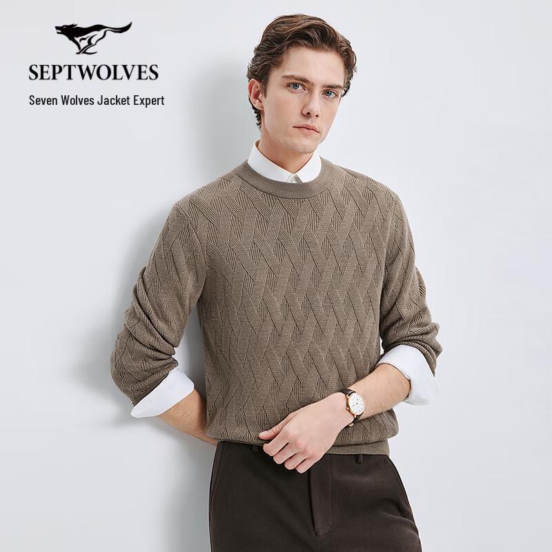 SEPTWOLVES Men's Round Neck Gingham Jacquard Warm Wool Sweater
