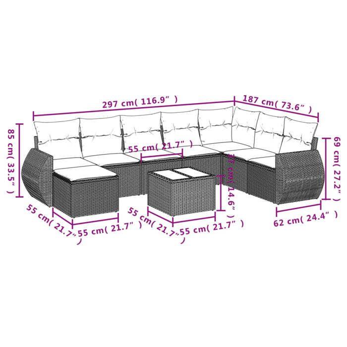 VidaXL Salon de Jardin avec Coussins 9 pcs, Canapés de Terrasse, Ensemble de Meubles de Patio, Mobilier d'Extérieur, Noir 3221765