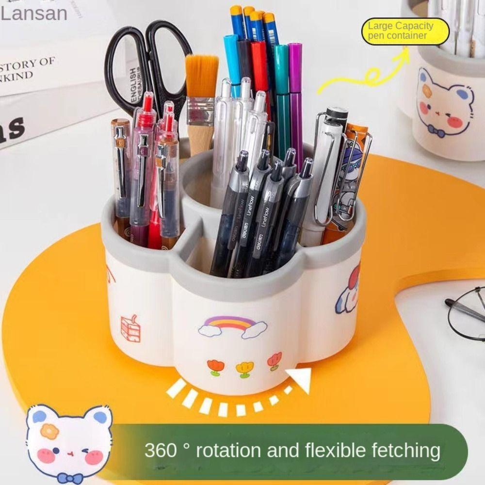 360° Rotating Pencil Organizer with Cartoon Sticker Makeup Brush Holder  School Office Supplies
