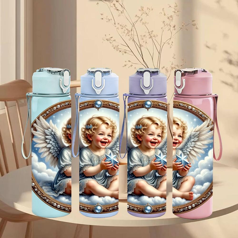1PC Vintage Angel Baby Religious 750ml Color Plastic Sports Water Bottle Leakproof Flip Straw Lid Suitable for Sports Office Home Use