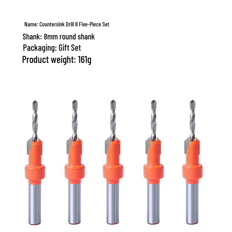 8-Piece Woodworking Countersink Drill Set - Self-Tapping, Concealed Installation, Alloy Step & Tapered Drill Bits