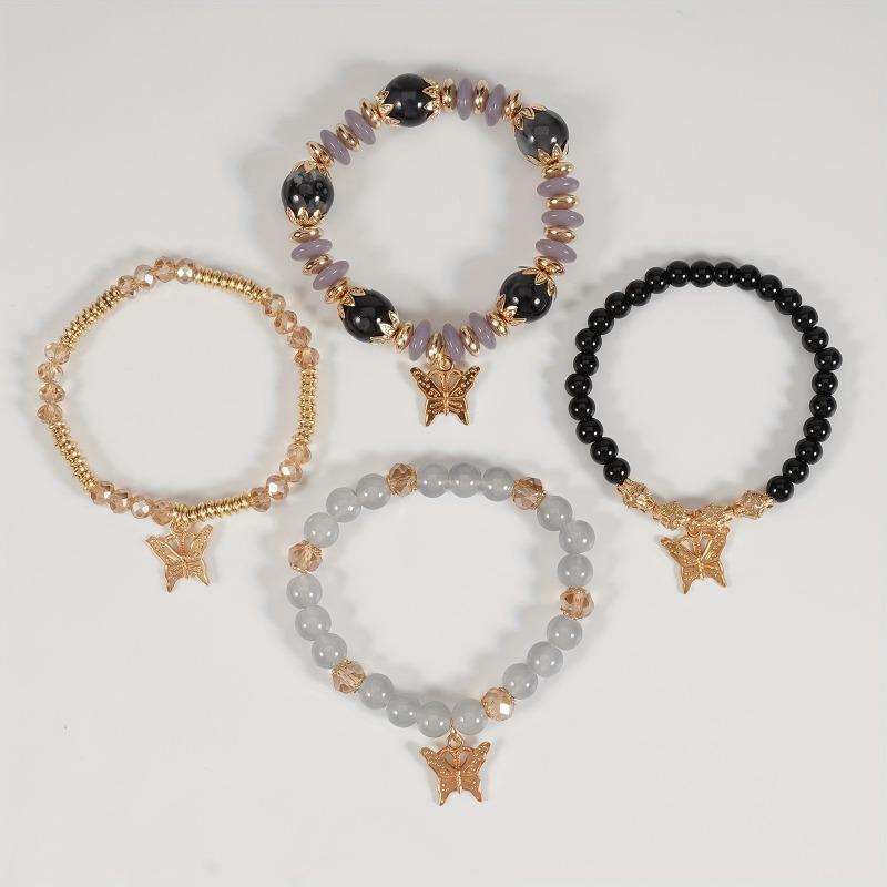 4Pcs Bohemian Butterfly Beaded Bracelets, Crystal Zinc Alloy Pendant, Ladies Daily Party Jewelry