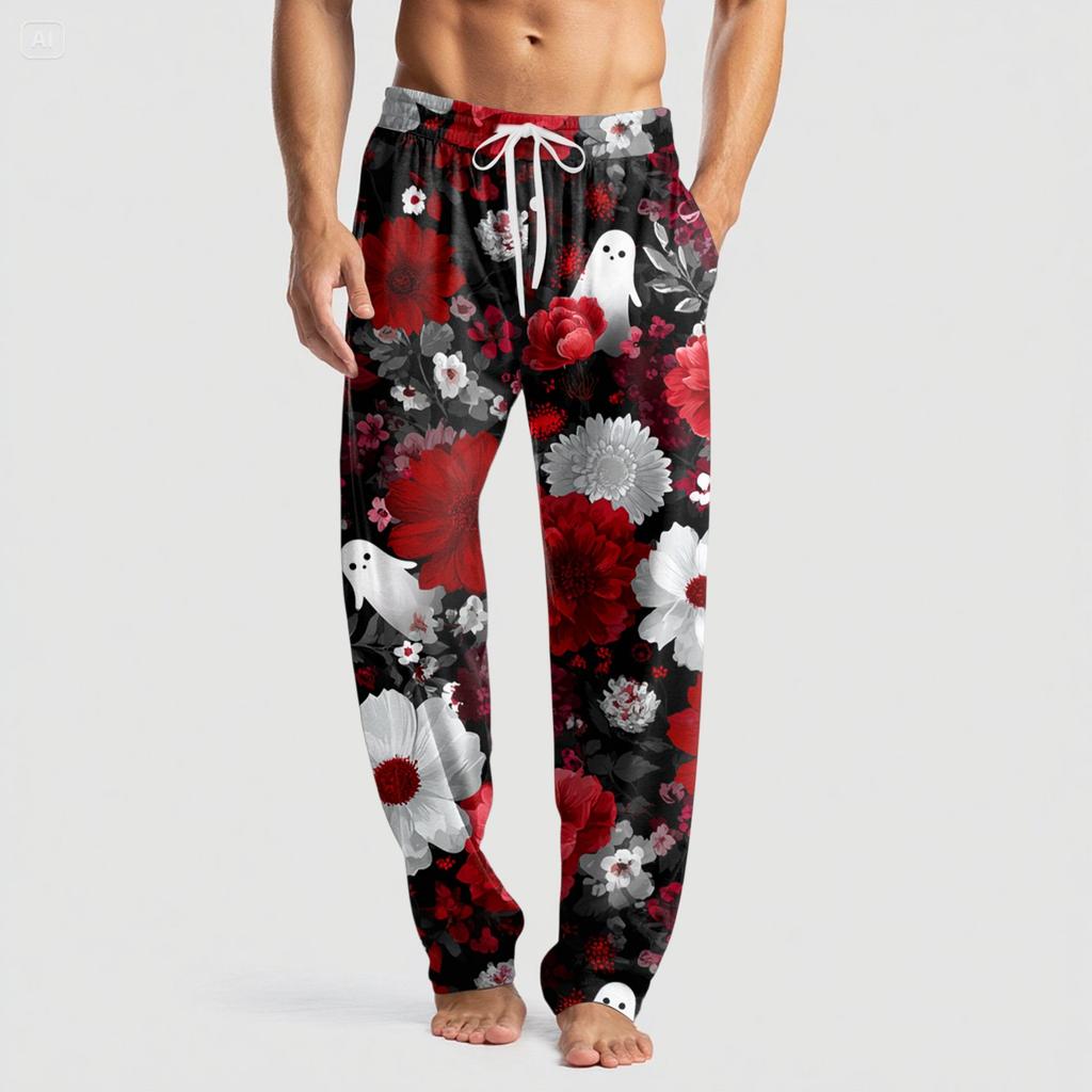 Men's Knitted Halloween Print Pocket Casual Pants Pajama Pants