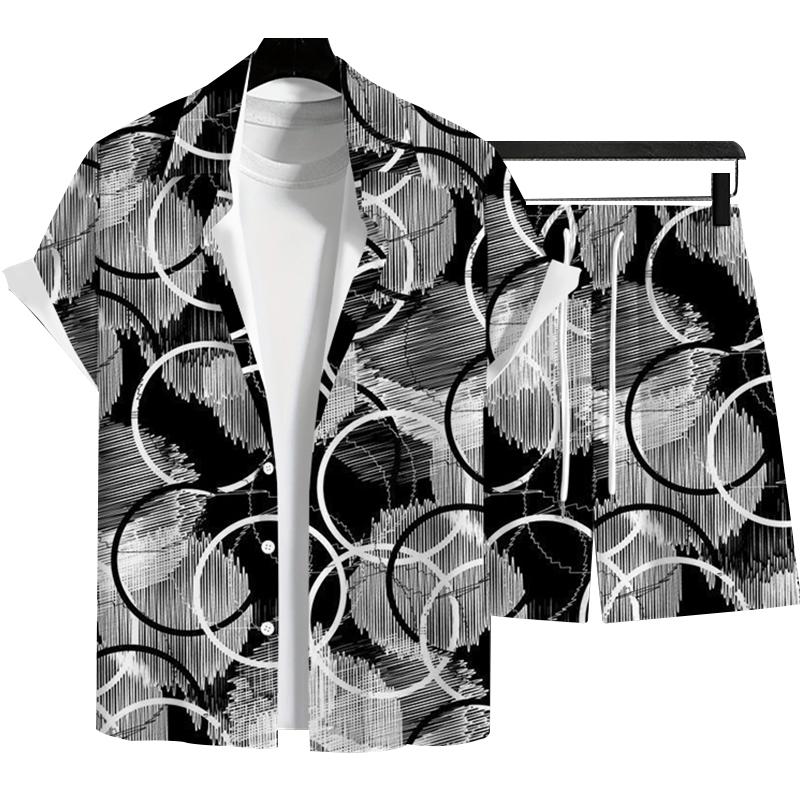 Modisches Herren Sommer Urlaubsstil Hawaiianische Kokosnuss Strand Aufdruck Lässiger Komfort Kurzarmhemd Strandshorts 2-teiliges Set