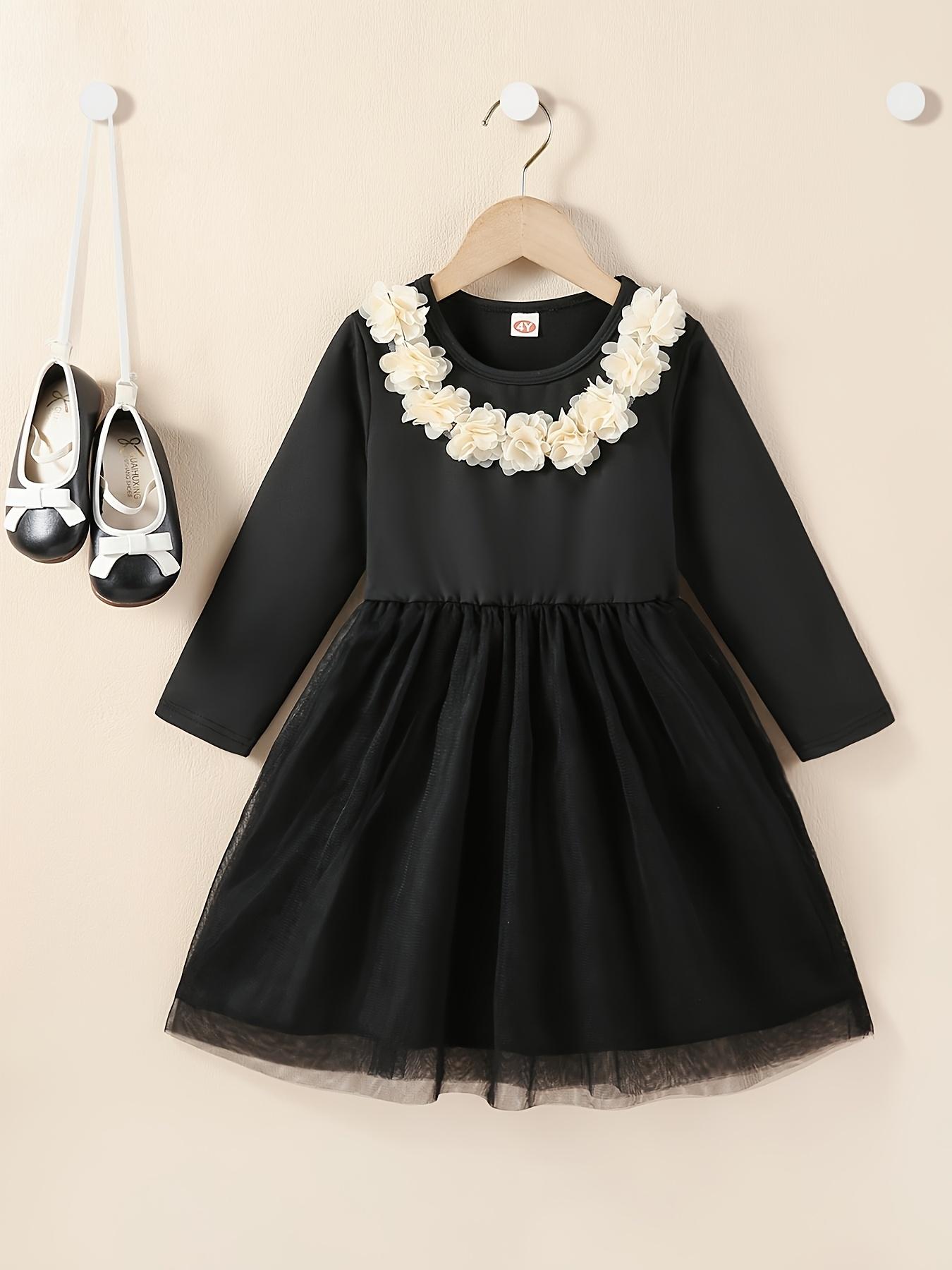 

Young Girl Elegant Floral Neckline Tulle Dress, Long Sleeve Casual Party Dress for All Occasions 4Y чёрный