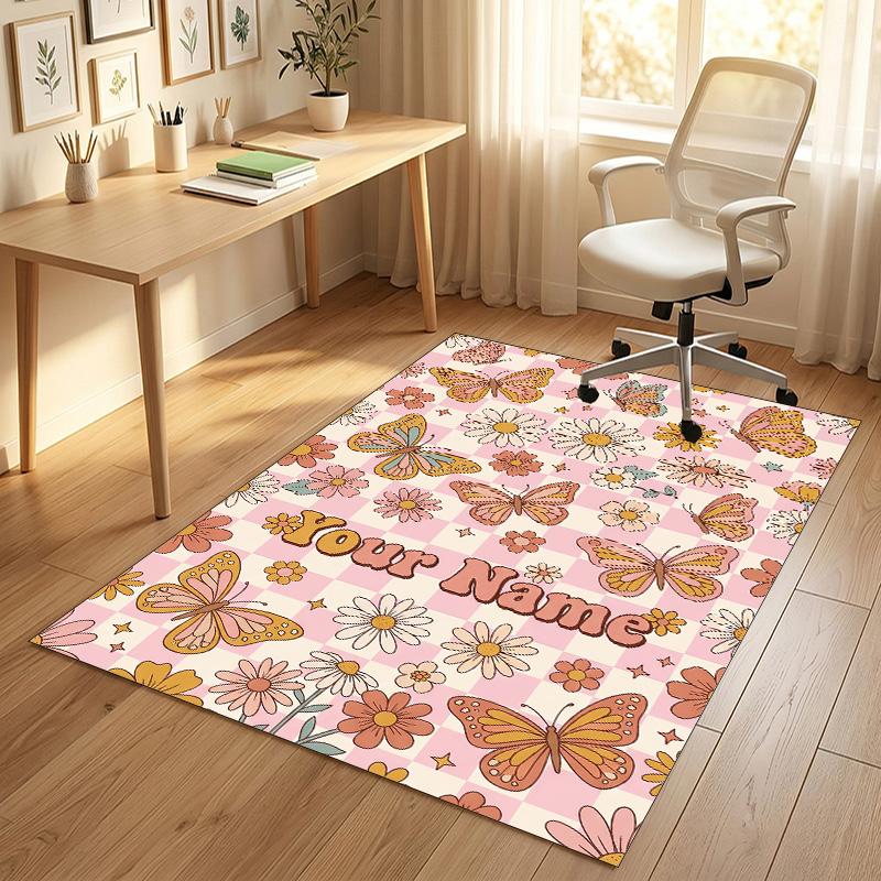 Butterflies Flowers Theme Soft Crystal Velvet Rug Custom Name & Text Print Non Slip Floor Rug for Bedroom Living Room