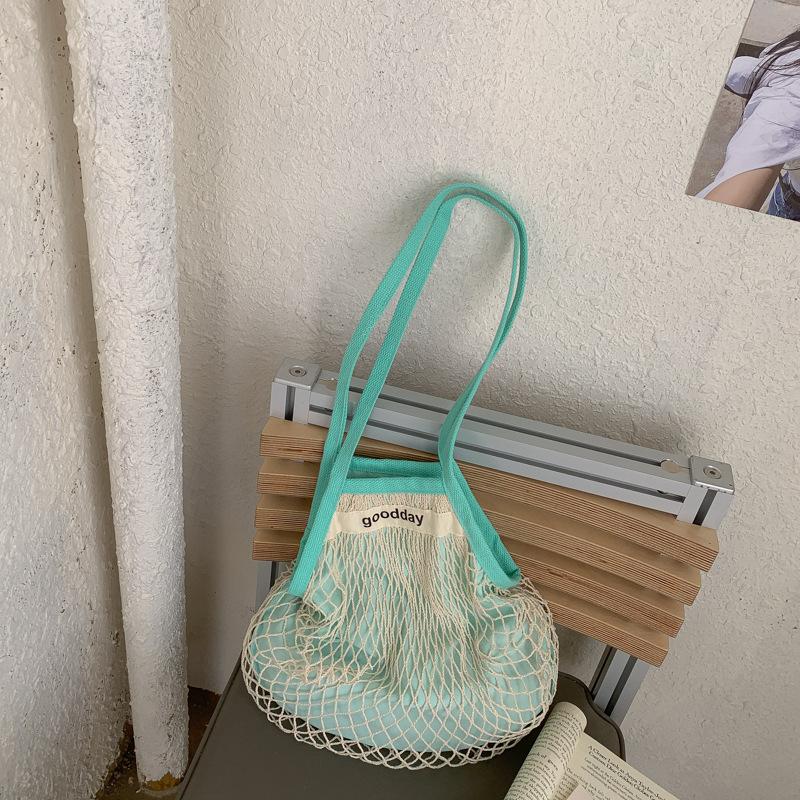 

Korean Mesh Net Tote Bag Women Large Capacity Summer Hollow Out Beach Bag Lightweight Shoulder Bag For Vacation Shopping Handbag зелений