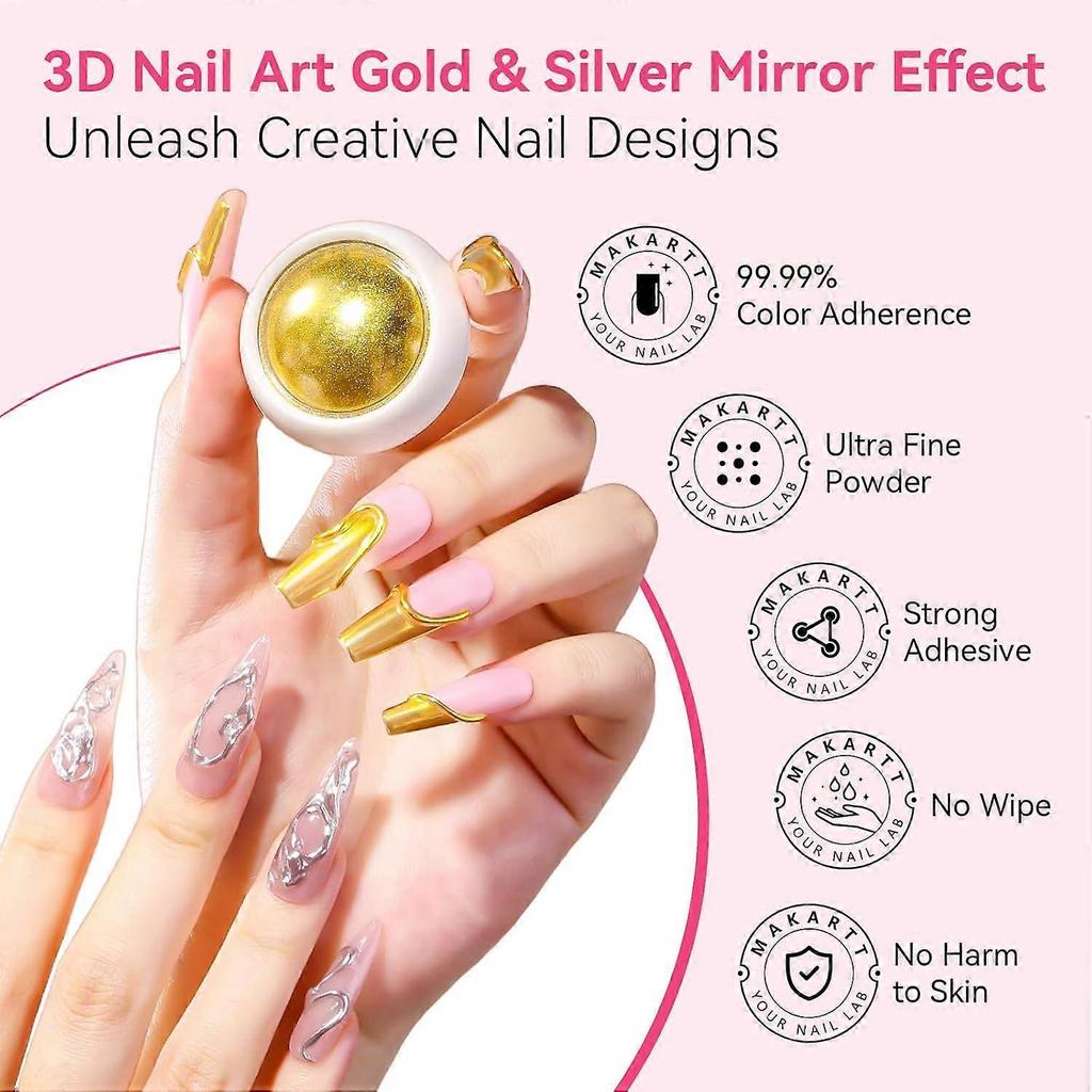 Makartt 3D Gel Nail Art & Chrome Nail Powder Kit: 15g Sculpting Gel for Nail Art No wipe 3D Molding and Metallic Chrome Powder Set for Decoration Ma
