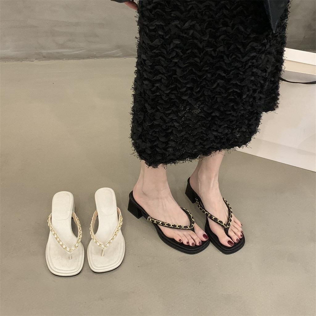 2025 summer new temperament thick heel flip-flops outer wear women's shoes retro metal chain toe high heel sandals