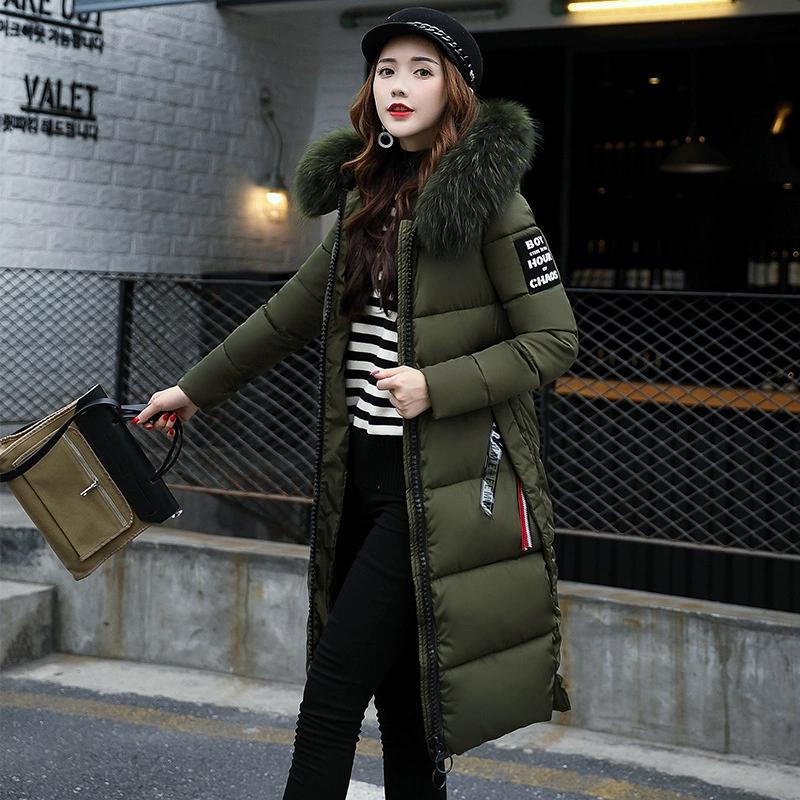 Women's Down Parkas Winter Jacket Big Fur Collar Thick Slim Coat Fashion Hooded Cotton Outerwear Long Winter Women Coat