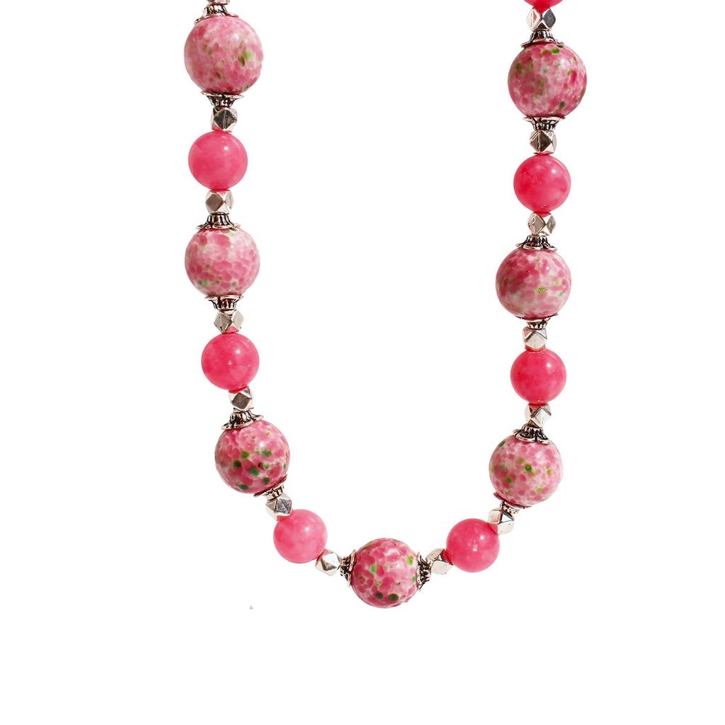 Natural Beauty Peach Powder Stone Beaded Necklace New Chinese Old Glazed Frog Skin Collarbone Chain Earrings Set 790