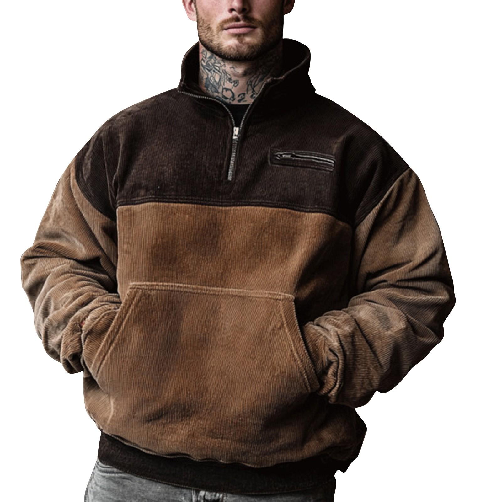 

Мужская повседневная толстовка на молнии в стиле ретро из вельвета с цветными блоками XL кофейный