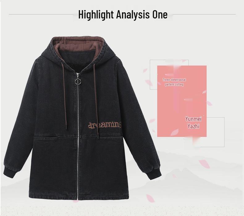 Women's Fleece-Lined Denim Hooded Jacket: Mid-Length, Warm, Fashionable Autumn/Winter Coat for Middle-Aged & Elderly Moms.