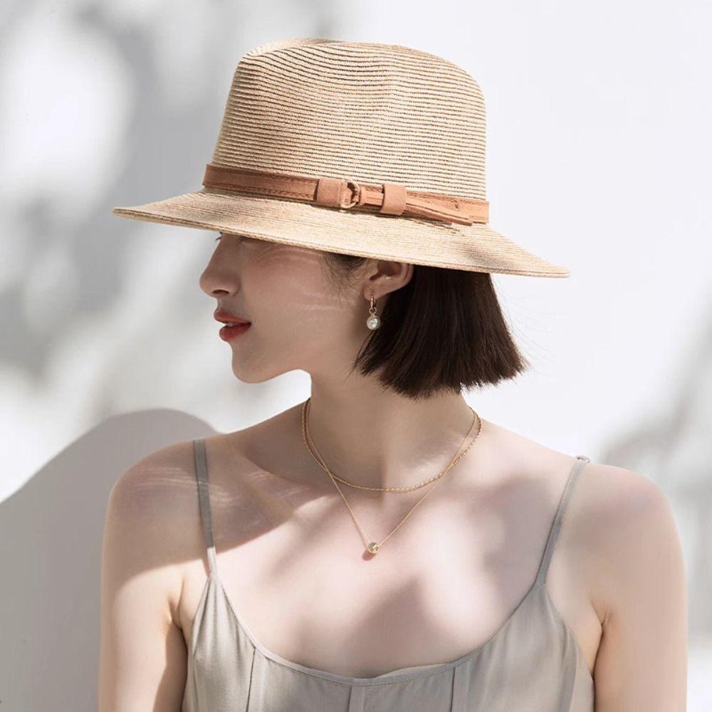 Casual Straw Woven Hat Uv Protection Breathable Beach Panama Hat Wide Brim Soft Fedora Sun Hat
