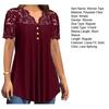 Women Tops Deep V Neckline Short Sleeve Pullover Lace Splicing Tops Pure Color Loose Hem Anti-Wrinkle