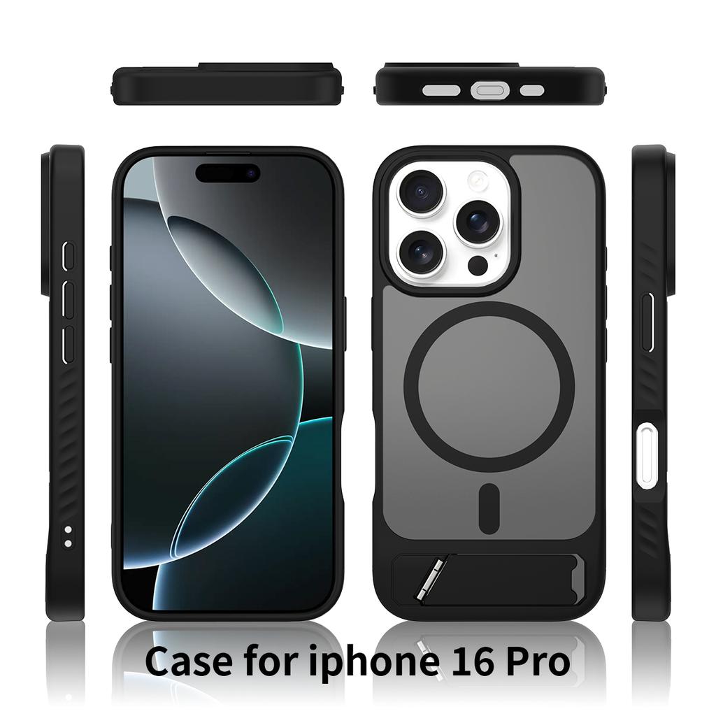 Built-In Invisible Kickstand for Magsafe Mag Safe Iphone 16E 16 E 15 Pro Max 14 Plus 13 12 14Pro 16Pro 15Pro Shockproof Black Phone Cover Accessories
