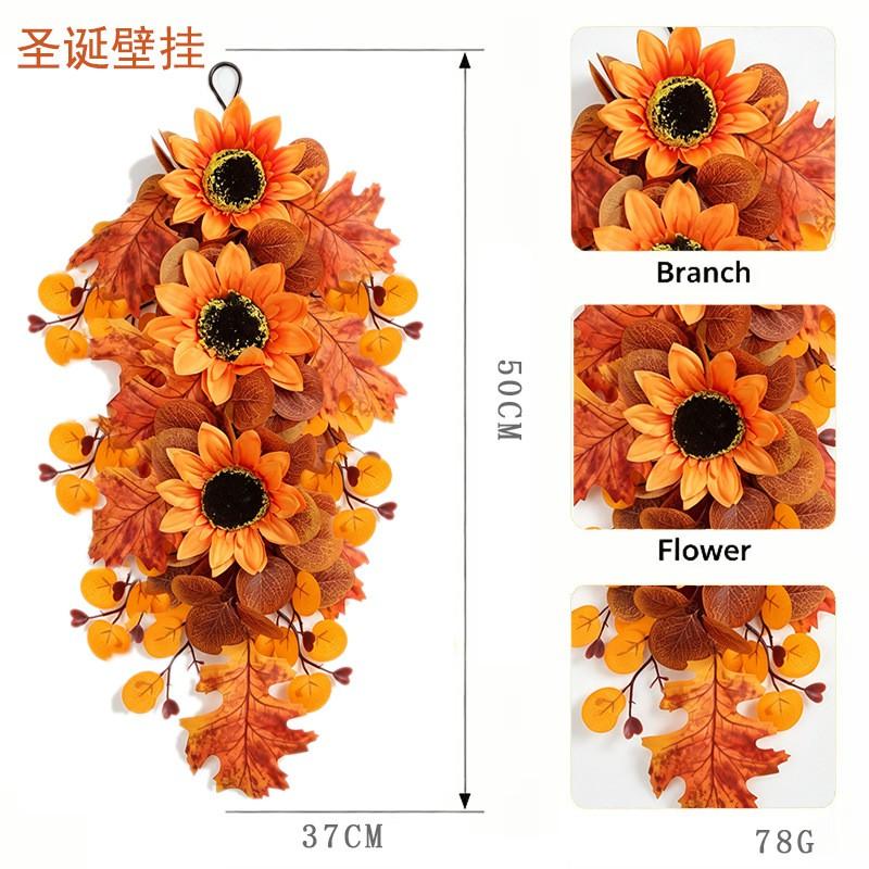 Harvest Wreath With Artificial Maple Leaves Pumpkins Sunflowers On Vine Base Thanksgiving Fall Decor